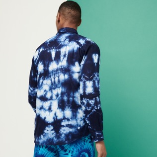 Men Others Printed - Men Bowling Shirt Linen and Cotton Fonds Marins Tie & Dye, Navy back worn view