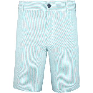 Men Shorts Graphic - Men Straight Linen Bermuda Shorts Micro Stripes, Veronese green front Men Shorts Graphic - Men Straight Linen Bermuda Shorts Micro Stripes, Veronese green front