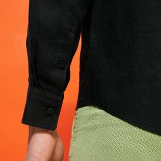 Men Linen Shirt Solid Black details view 3
