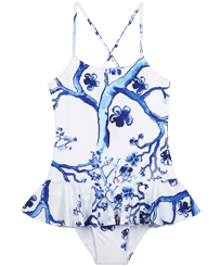 Girls Others Printed - Girls One-piece Swimsuit Cherry Blossom, Sea blue front view