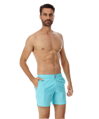 Hombre Cintura plana Liso - Bañador elástico con cintura lisa y estampado de color liso para hombre, Azul tropezien vista frontal desgastada