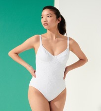 Women One piece Embroidered - Women V-neckline One-piece Swimsuit Broderies Anglaises, White front worn view