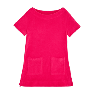 Filles Robes Uni - Robe Fille en Eponge Unie, Rose shocking front Filles Robes Uni - Robe Fille en Eponge Unie, Rose shocking front