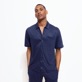 Men Others Solid - Unisex Linen Bowling Shirt Solid, Navy front worn view