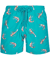 Men Classic Embroidered - Men Swim Trunks Embroidered 1983 Crevette et Poisson - Limited Edition, Ming blue front view