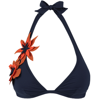 Mujer Halter Bordado - Top de bikini anudado alrededor del cuello con estampado Fleurs 3D para mujer, Azul marino vista frontal