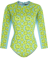 Damen Einteiler Bedruckt - Langärmeliger Turtles Smiley Rashguard-Badeanzug für Damen – Vilebrequin x Smiley®, Lazulii blue Vorderansicht