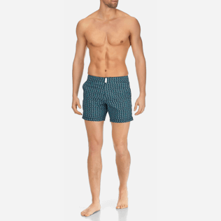 Men Short, Fitted Printed - Men Short and Fitted Stretch Swimwear Modernist Fish, Navy frontworn Men Short, Fitted Printed - Men Short and Fitted Stretch Swimwear Modernist Fish, Navy frontworn