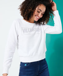 Damen Andere Uni - Sweatshirt aus Baumwolle mit Strassbesatz, Off white Vorderseite getragene Ansicht