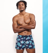 Men Short classic Printed - Men Swimwear Short and Fitted Stretch- Plastic Odyssey x Vilebrequin, Navy front worn view