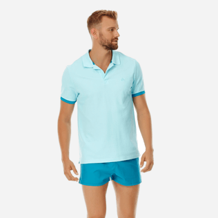 Hombre Autros Liso - Polo en piqué de algodón de color liso para hombre, Aguamarina frontworn Hombre Autros Liso - Polo en piqué de algodón de color liso para hombre, Aguamarina frontworn