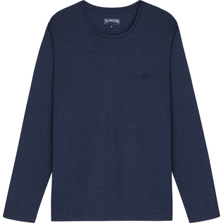 Men Others Solid - Unisex Linen Long Sleeves T-shirt Solid, Navy front view