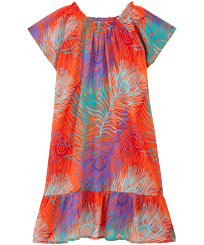 Girls Others Printed - Cotton Girls Dress Plumes, Guava front view
