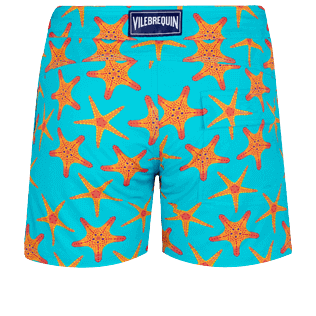 Herren Klassische Strech Bedruckt - Starfish Dance Stretch-Badeshorts mit flachem Bund für Herren, Curacao Rückansicht