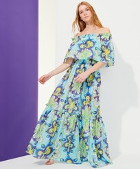 Women Others Printed - Women Cotton Off the Shoulder Long Dress Kaleidoscope, Lagoon front worn view