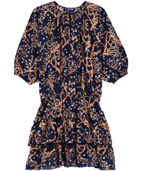 Women Short Ruffles Cotton Dress Sweet Blossom Marineblau Vorderansicht