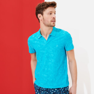 Men Others Solid - Men Terry Jacquard Polo Shirt Solid, Azure frontworn Men Others Solid - Men Terry Jacquard Polo Shirt Solid, Azure frontworn