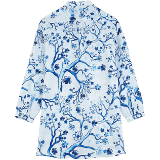 Women Others Printed - Women Linen Shirt Dress Cherry Blossom, Sea blue back view