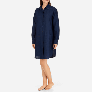 Women Dresses Solid - Indigo Long Linen Shirt, Indigo frontworn Women Dresses Solid - Indigo Long Linen Shirt, Indigo frontworn