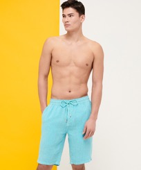 Men Others Graphic - Men Linen Bermuda Shorts Rayures, Lazulii blue front worn view