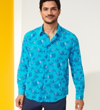 Others Printed - Unisex Cotton Voile Summer Shirt 2018 Prehistoric Fish, Azure men front worn view