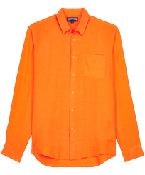 男款 Others 纯色 - 男士纯色亚麻衬衫, Apricot 正面图