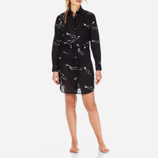 Women Dresses Printed - Women Long Cotton Voile Shirt Dress Fish Dance, Black frontworn Women Dresses Printed - Women Long Cotton Voile Shirt Dress Fish Dance, Black frontworn