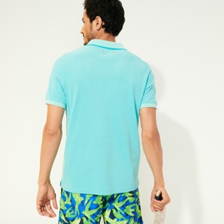 Picture of Men Others Solid - Men Cotton Pique Polo Shirt Solid, Azure back worn view Picture of Men Others Solid - Men Cotton Pique Polo Shirt Solid, Azure back worn view