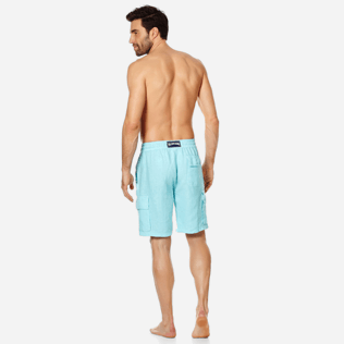 Hombre Autros Liso - Bermudas tipo cargo en lino de color liso para hombre, Acqua backworn Hombre Autros Liso - Bermudas tipo cargo en lino de color liso para hombre, Acqua backworn