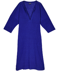 Women Linen Dress Solid Purple blue front view