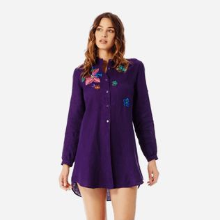 Women Others Embroidered - Women stand-up collar embroidered Linen Long Shirt Porto Rico, Reddish purple frontworn Women Others Embroidered - Women stand-up collar embroidered Linen Long Shirt Porto Rico, Reddish purple frontworn