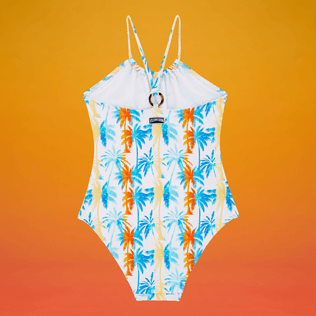 Mädchen Einteiler Bedruckt - Palms & Stripes Badeanzug für Mädchen – Vilebrequin x The Beach Boys, Weiss Rückansicht