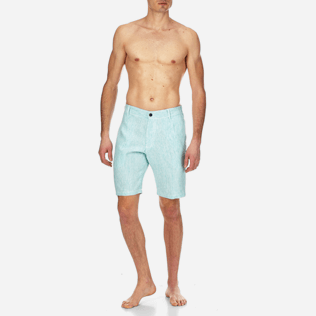 Men Shorts Graphic - Men Straight Linen Bermuda Shorts Micro Stripes, Veronese green frontworn Men Shorts Graphic - Men Straight Linen Bermuda Shorts Micro Stripes, Veronese green frontworn