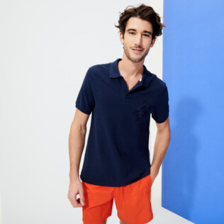Hombre Autros Bordado - Polo en piqué de algodón de color liso para hombre, Azul marino frontworn Hombre Autros Bordado - Polo en piqué de algodón de color liso para hombre, Azul marino frontworn