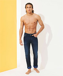 Uomo Altri Stampato - Pantaloni uomo a 5 tasche in denim stampato 2009 Les Requins, Blu mare vista frontale indossata