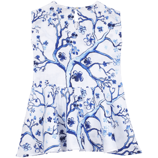 Girls Others Printed - Linen Girls Dress Cherry Blossom, Sea blue back view