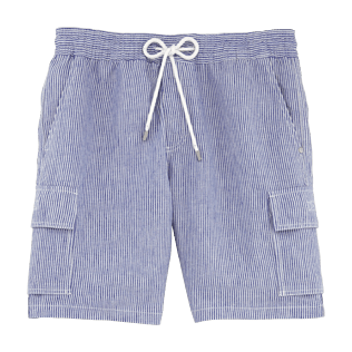 Jungen Andere Grafisch - Gestreifte Leinen-Bermudashorts, Himmelblau front Jungen Andere Grafisch - Gestreifte Leinen-Bermudashorts, Himmelblau front