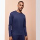 Men Others Solid - Unisex Linen Long Sleeves T-shirt Solid, Navy front worn view