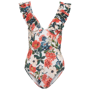 Women Underwire Printed - Women One piece Swimsuit Tropical Blooms, White front view
