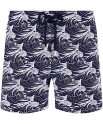 Men Classic Embroidered - Men Swim Trunks Embroidered Waves- Limited Edition, Sapphire front view