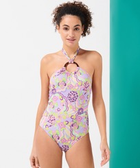 Damen Einteiler Bedruckt - Rainbow Flowers Badeanzug für Damen mit tiefem Rückenausschnitt, Cyclamen Vorderseite getragene Ansicht