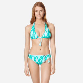 Mujer Halter Gráfico - Top de bikini anudado alrededor del cuello con estampado Ribbon Bicolor para mujer, Veronese green frontworn Mujer Halter Gráfico - Top de bikini anudado alrededor del cuello con estampado Ribbon Bicolor para mujer, Veronese green frontworn