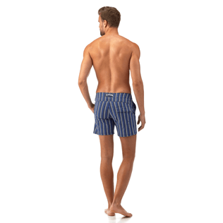 Men Fitted Printed - V Fish Fitted cut Swim shorts, Navy backworn Men Fitted Printed - V Fish Fitted cut Swim shorts, Navy backworn