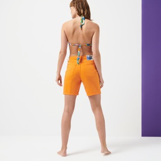 Women Others Solid - Women Stretch 5-Pockets Cotton Satin Bermuda Shorts, Mandarin back worn view