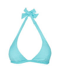 Mujer Halter Liso - Top de bikini anudado alrededor del cuello con estampado Plumes Jacquard para mujer, Lazulii blue vista frontal