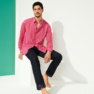Picture of Men Others Printed - Men Cotton Voile Summer Shirt Micro Ronde Des Tortues, Shocking pink details view 4 Picture of Men Others Printed - Men Cotton Voile Summer Shirt Micro Ronde Des Tortues, Shocking pink details view 4