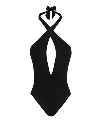 Damen Einteiler Uni - Solid Badeanzug für Damen, Schwarz Vorderansicht