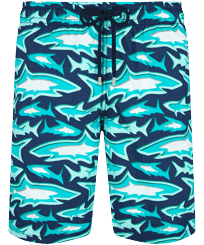 Men Long classic Printed - Men Long Swim Trunks Requins 3D, Navy front view