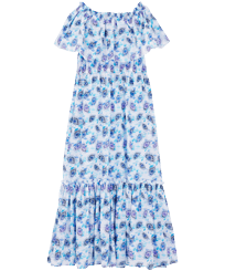 Donna Altri Stampato - Vestito donna lungo in cotone con spalle scoperte Flash Flowers, Purple blue vista frontale