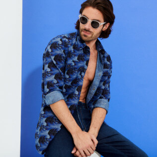 Herren Andere Bedruckt - Chambray-Hemd Waves für Herren, Marineblau Vorderseite getragene Ansicht